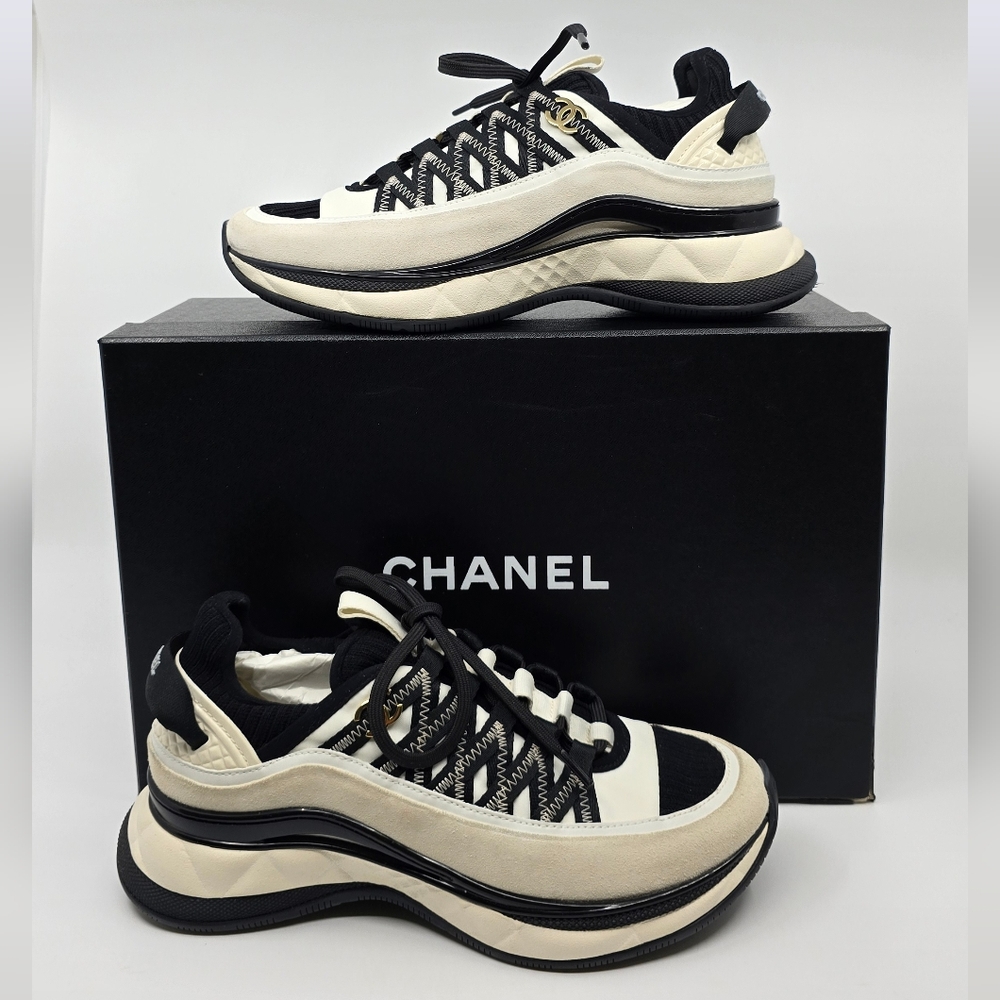 CHANEL Black and Cream Chunky Lace-Up Sneakers